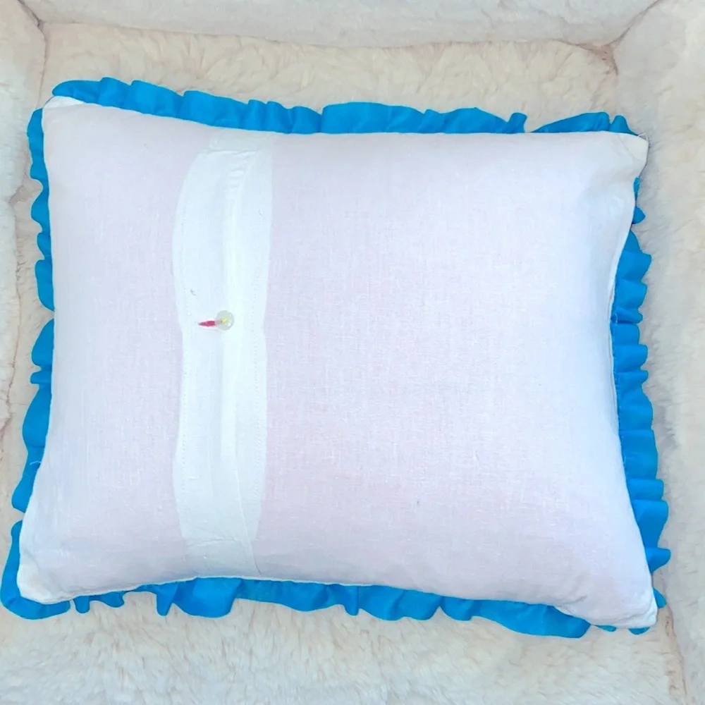 Handmade Ukrainian Pillow Floral Decorative Aqua Ruffled Vintage‎ 18